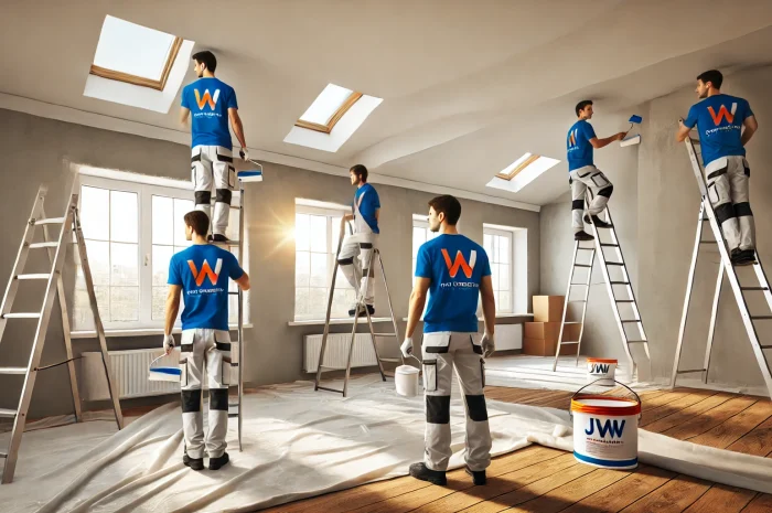 DALL·E 2024-10-17 03.53.29 - A team of four painters working in a room with light gray walls and large windows, standing on ladders and painting. They are wearing blue shirts with